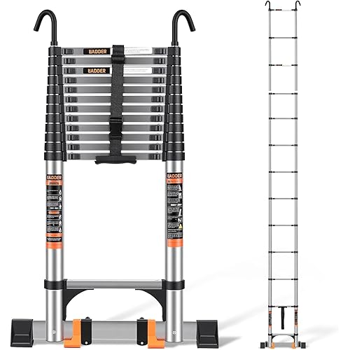 Telescoping Ladder,16.5 FT Extension Ladder w/Hooks, Stabilizers,Wheels, Heavy Duty 330lbs Max Capacity, Collapsible Folding Ladder for Rv,Roof,Outdoor