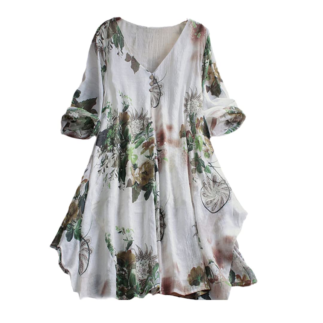 Camisa de Manga 3/4 con Cuello en V para Mujer, túnica Informal Suelta de algodón y Lino, Blusa Informal Suelta de Verano con Flores