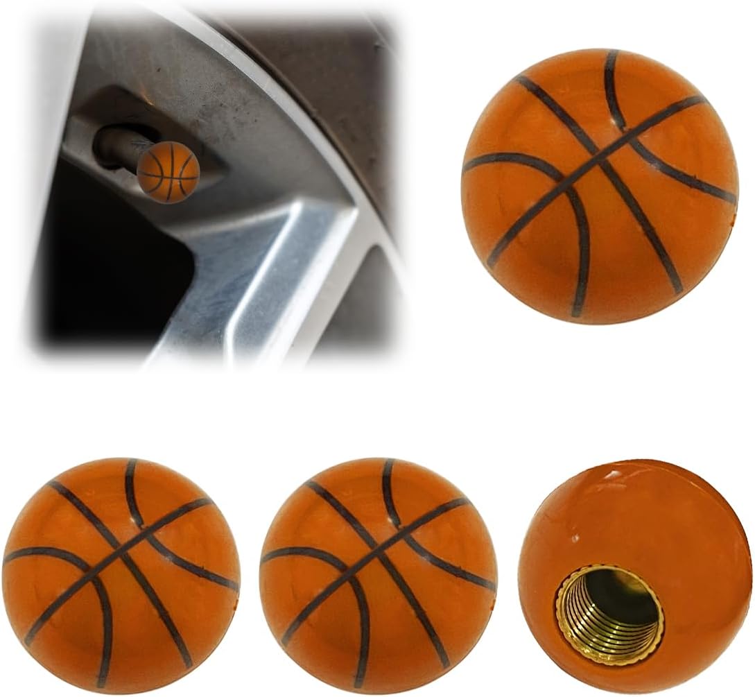 4PCS Basketball Style Car Tire Valve Stem Caps, Waterproof & Dustproof Auto Tire Valve Cover Replacement, Air Leakage Proof Funny Tires Decoration Accessories for Truck Bicycle(Basketball)