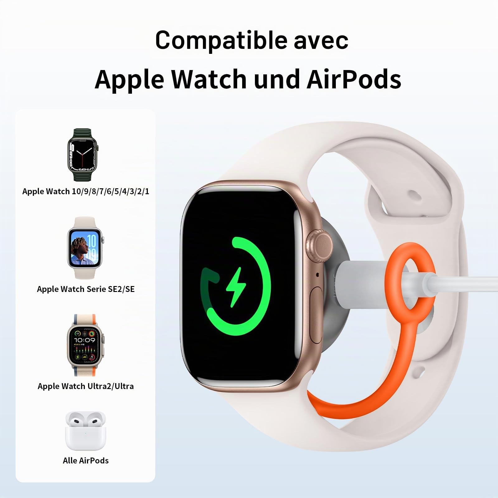 Chargeur Apple Watch sans Fil Double Port (USB-C/Lightning) - Chargeur Magnétique Portable pour iWatch Série 10/9/8/7/6/5/4/3/2/1/SE/Ultra - Compatible avec Toutes Montres Apple Watch