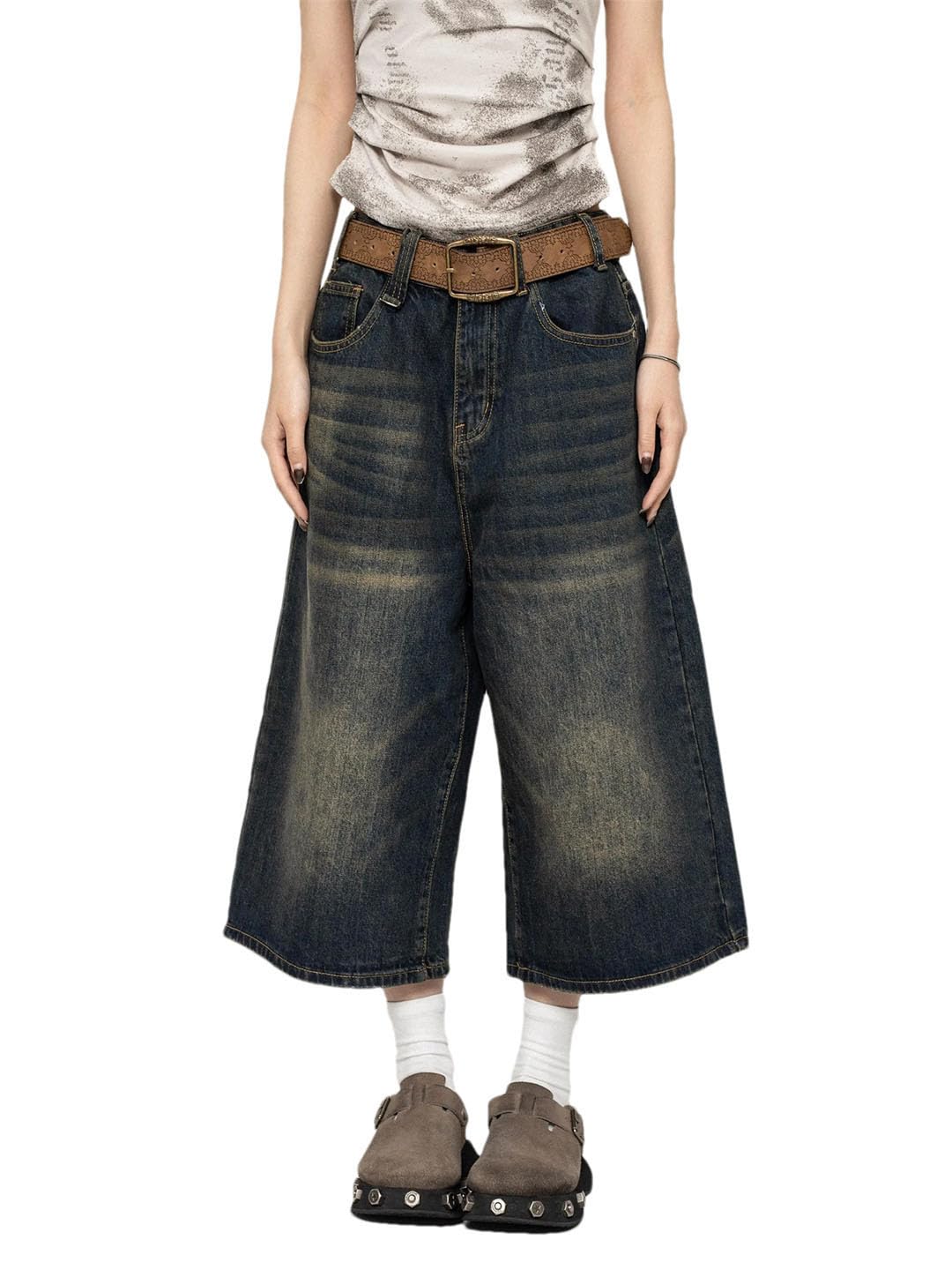 Damskie szorty dżinsowe z wysokim stanem retro sprane na co dzień luźny krój streetwear średnie długie krótkie, Niebieski retro, S