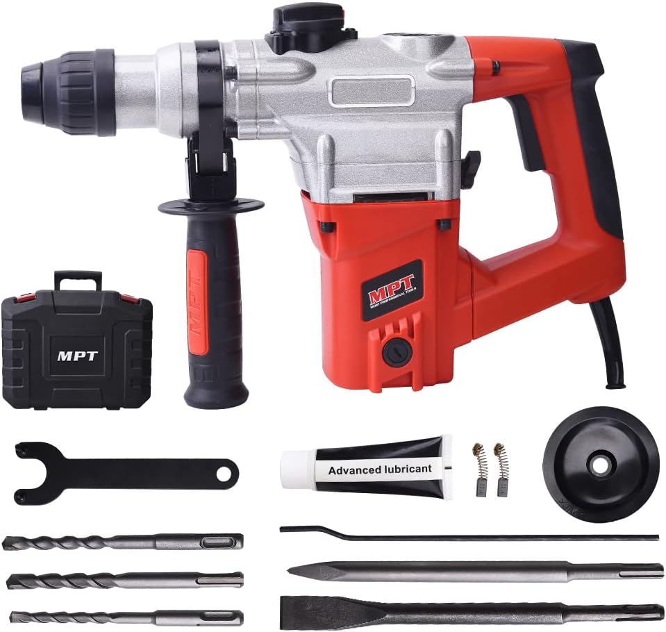 MPT 1 Inch SDS-Plus 1050W Heavy Duty Rotary Hammer Drill,3 Function and Adjustable Soft Grip Handle,Include 3 Drill Bits,Point and Flat Chisel with Case Silver
