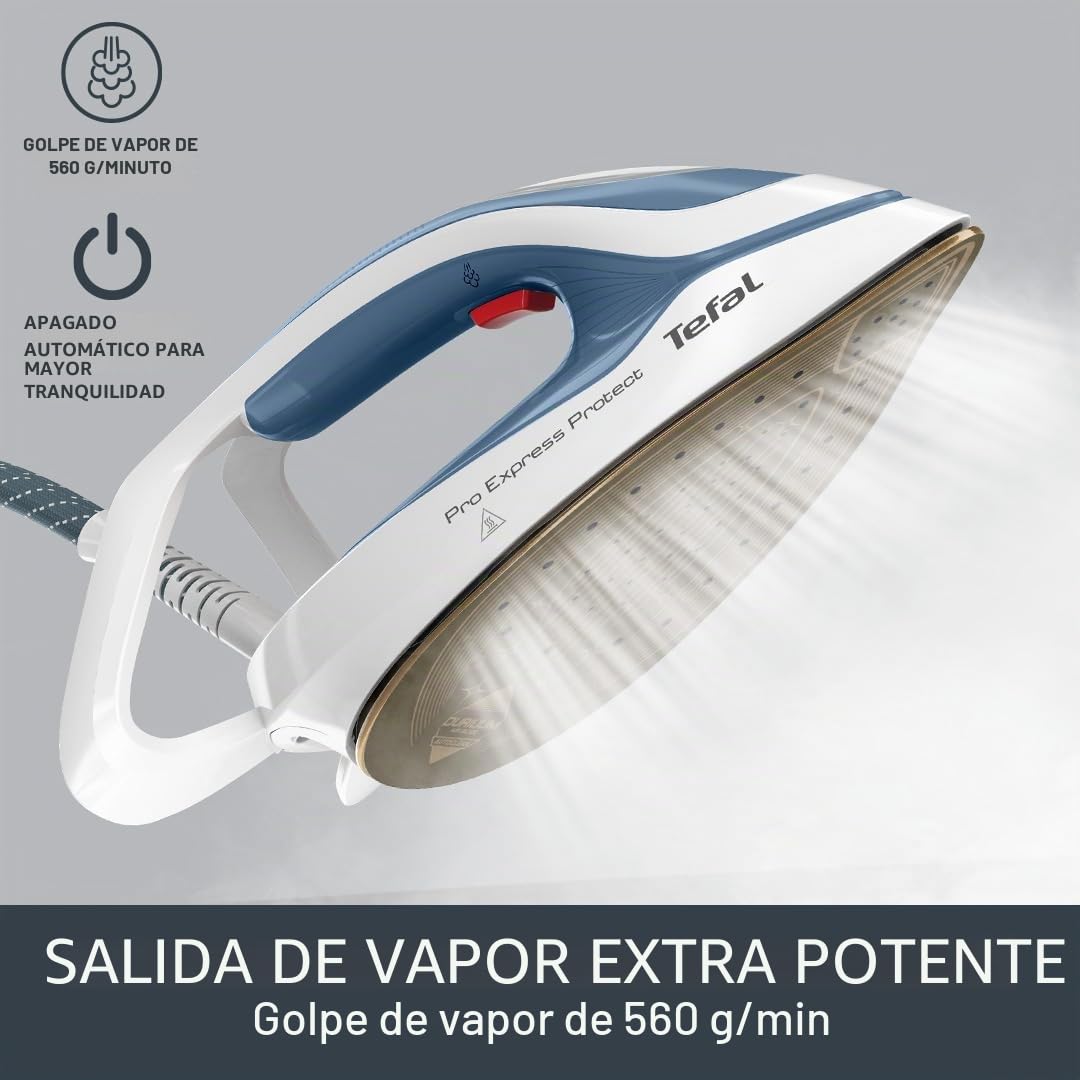 Tefal ProExpress Protect - Plancha para generador de vapor, 7.5 bar de alta presión, 560 g/min de vapor, salida de vapor de 135 g/min, tecnología sin ajuste, protección antigoteo, 1.8 L, azul y blanco