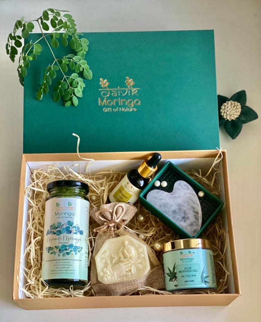 Daivik Moringa Surprise Birthday Special Occasion Assorted Gift Hamper Pack Miracle Moringa Powder, Aloemoringa Gel, Moringa Cold Pressed Seed Oil, Gua Sha & Face And Body Bar With Goodness Of Moringa In Signature Gift Box
