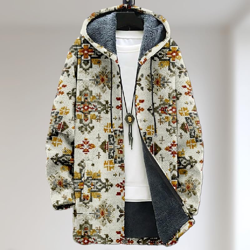 Mens Cardigan Sweatshirt Vintage Print Zip Up Fleece Sherpa Lining Hooded Jacket Warm Winter Long Coat with Pocket - Image 2