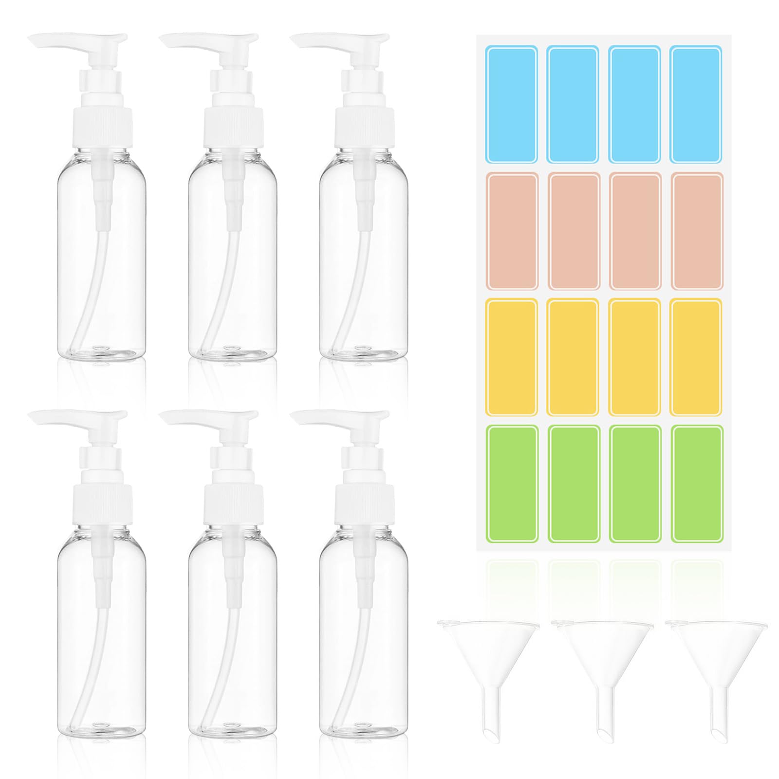 6 Pezzi Distributore a Pompa Airless 50ml, Flacone a Pompa Vuoto in Plastica Trasparente, Distributore di Crema & Sapone, Inclusi 3 Imbuti & 1 Etichetta, Ideali per Cosmetici, Shampoo & Crema