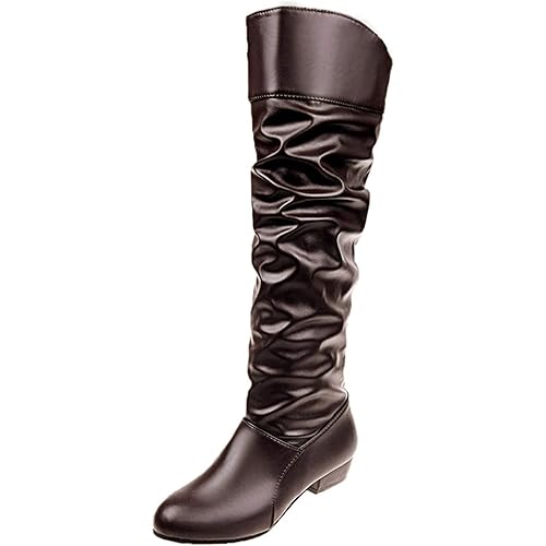 Boots for Women Knee High Wide Calf Color Toe Women Boots Knee-High Solid Round Boots Slip-On Shoes High Heel Women's Boots Tight High Boots Flat