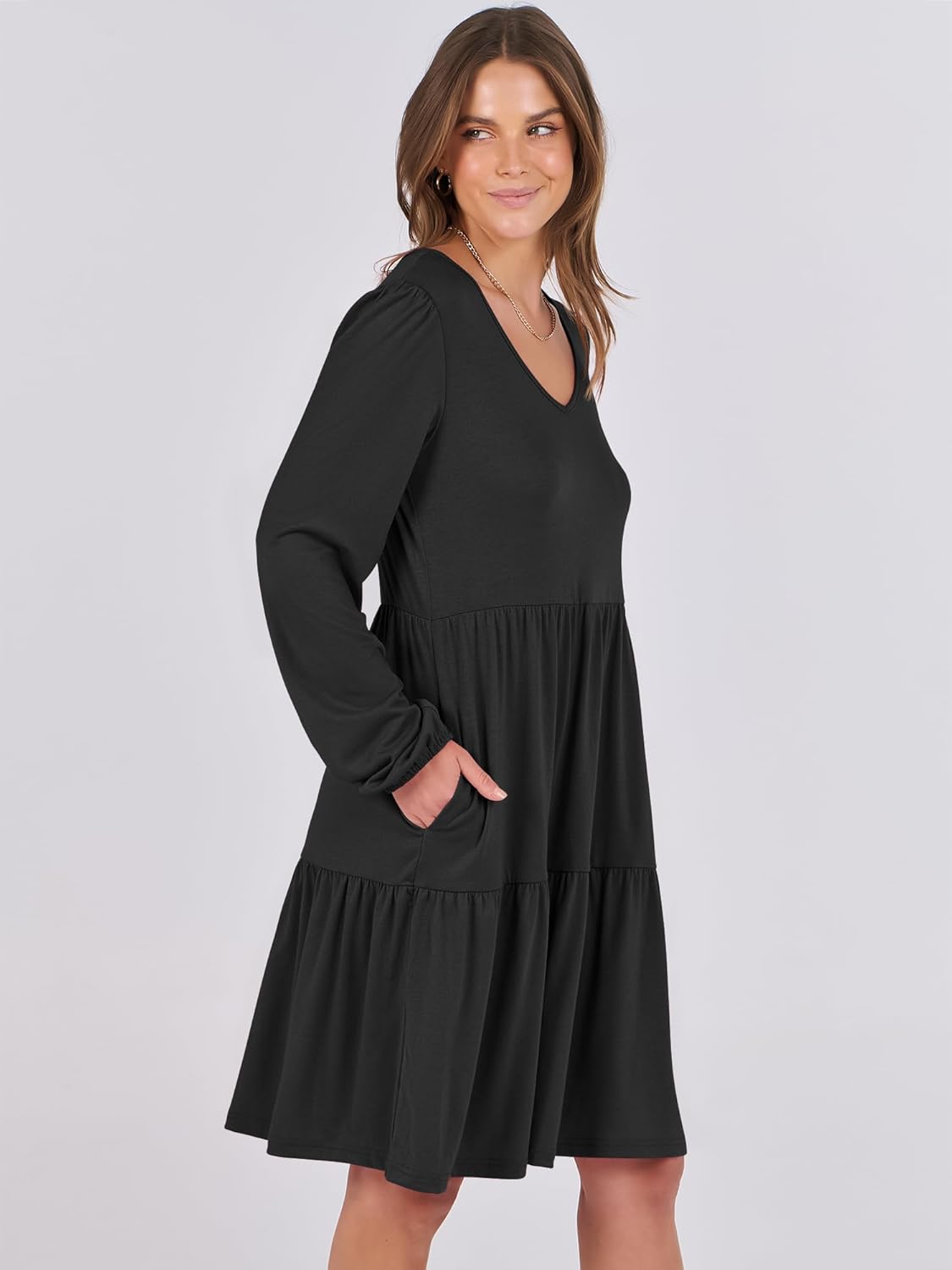 ANRABESS Womens Long Sleeve Dress 2026 Fall Casual V Neck Tiered Flowy Short Dresses Spring Beach Travel Vacation Clothes - Image 5