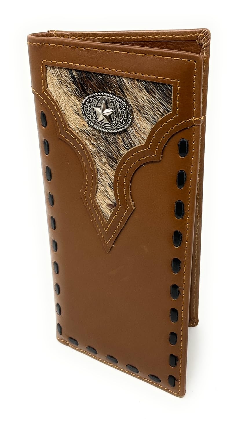 Western Genuine Leather Cowhide Cow fur Star Men's Long Bifold Wallet in 2 colors (Brown)