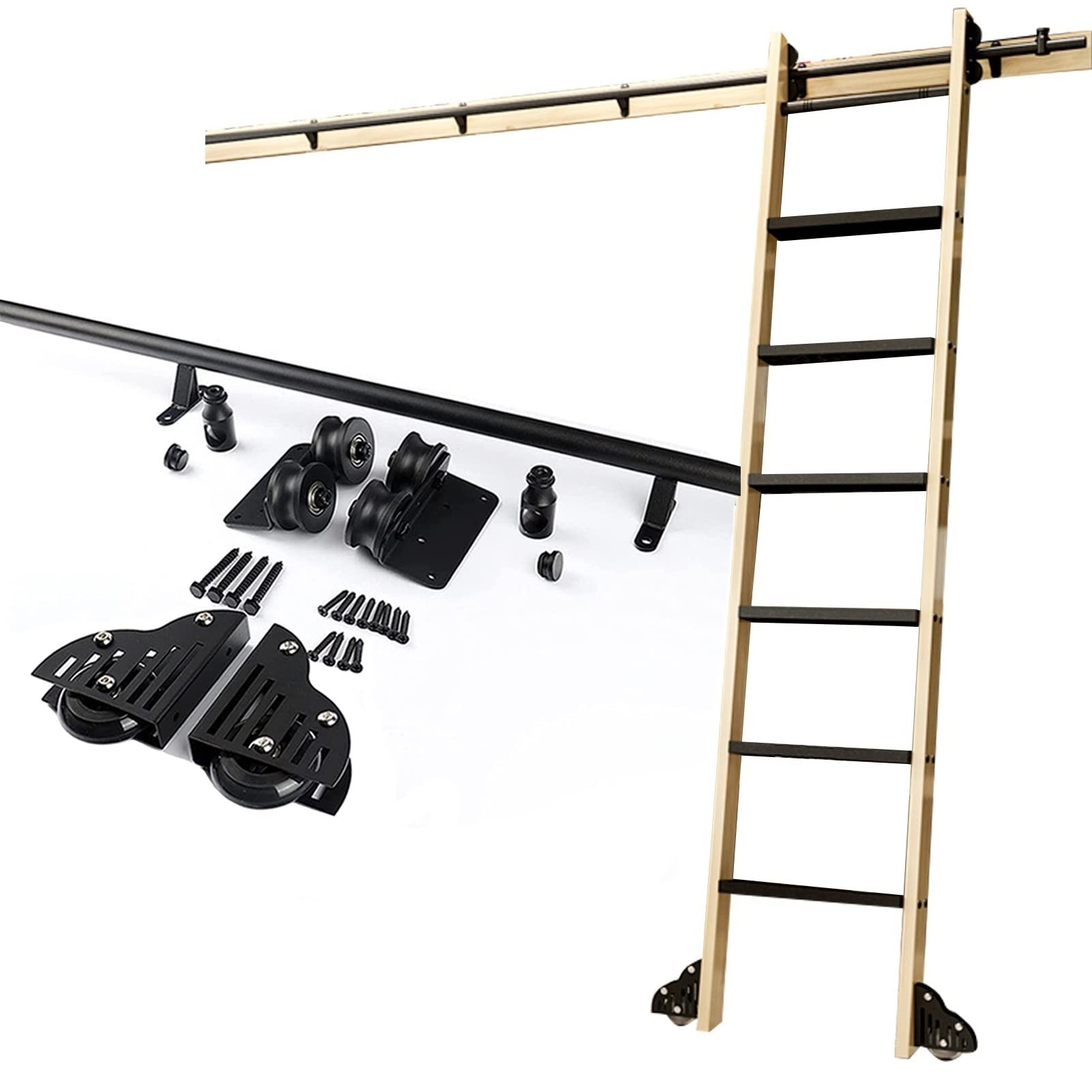 Kit de quincaillerie pour échelle roulante de 90 cm à 6 m avec rail tubulaire rond noir