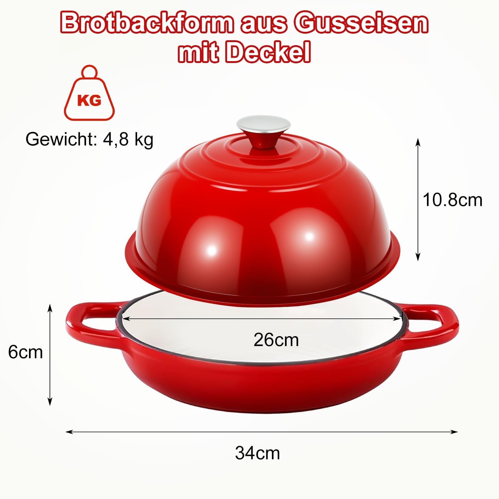 Gusseisen Topf Brot Backen,5,7L/26cm Bräter Emaille Schmortopf