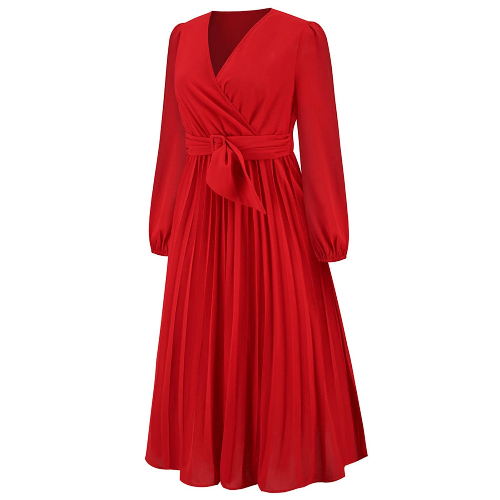 Vestidos para Mujer, Vestidos para Mujer, Manga Larga, Corte Ajustado, Cuello en V, Vestido Plisado, Falda Larga de Color sólido, Falda Acampanada para Fiesta