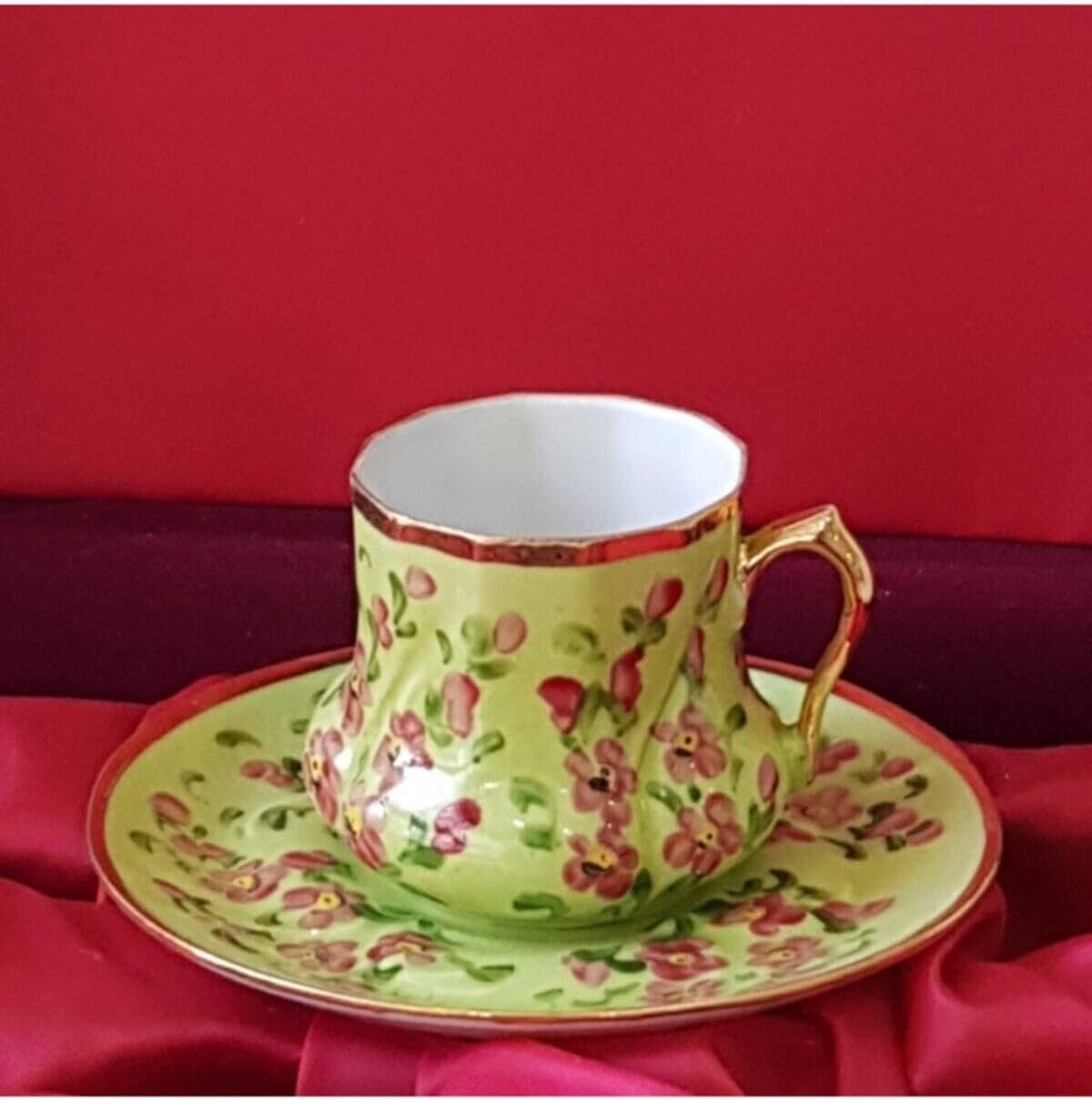 SODEF Coffee Cup, Porcelain, Hand Painted, 1-Piece, Flower Garden Design, Navy Blue, Turkish Made, appropriate for Home, Office, and Special Occasions - Green, One Size