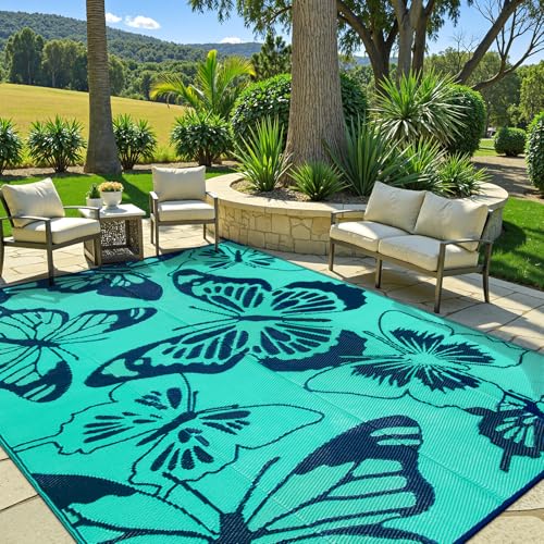 Beeiva Butterfly Outdoor Rug 8x10 Patio Waterproof, 8x10 Reversible Plastic Outdoor Rugs for Patio, Lightweight & Easy Clean Mat for Pool, Balcony, Backyard, Camping, Deck - Teal - Image 2