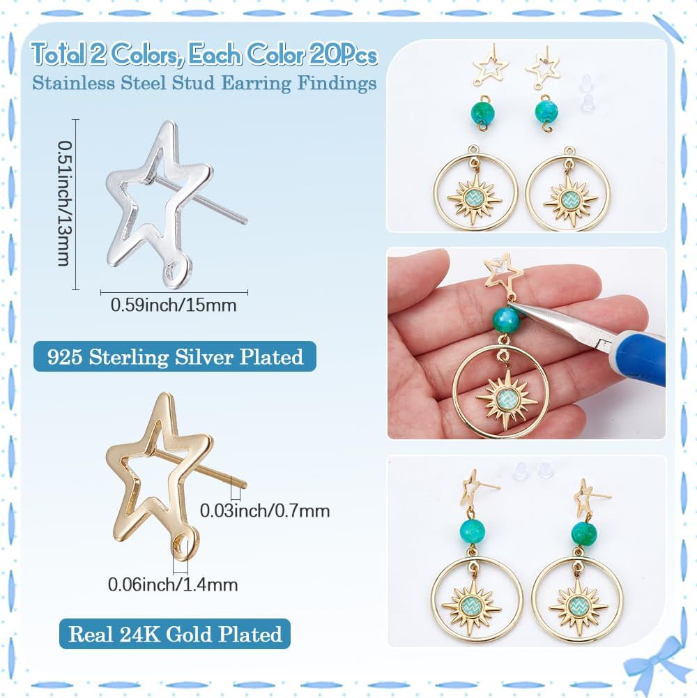 SUNNYCLUE 1 Box 100Pcs Star Earring Posts 24K Gold Plated and Sterling Silver Plated Earring Findings Stud Earrings with Loop Stars Earring Studs for Jewelry Making Accessories DIY Dangle Earrings