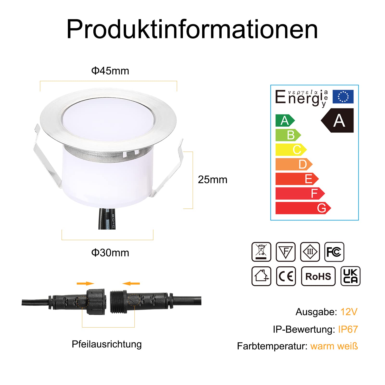 Set di 6 faretti da incasso a LED, per terrazze, esterni, DC12 V, diametro 45 mm, 1 W, luce bianca calda, 3000 K, IP67, per pavimenti esterni