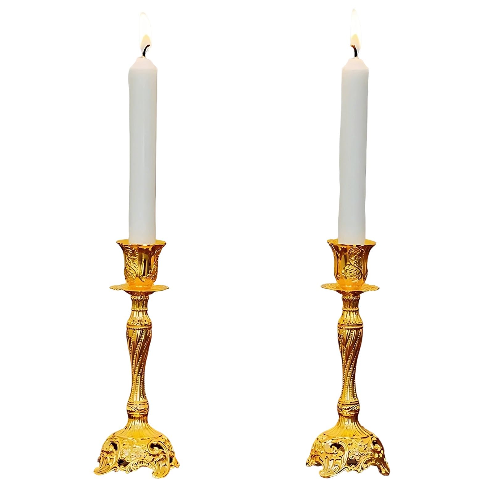 Calolin 2 Pcs Gold Candlestick Holders, Zinc Alloy Taper Candle Holders with Hollow Design, Vintage Candle Holders for Table Centerpieces, Fireplace, and Home Decor, 3 x 3 x 7.4 in