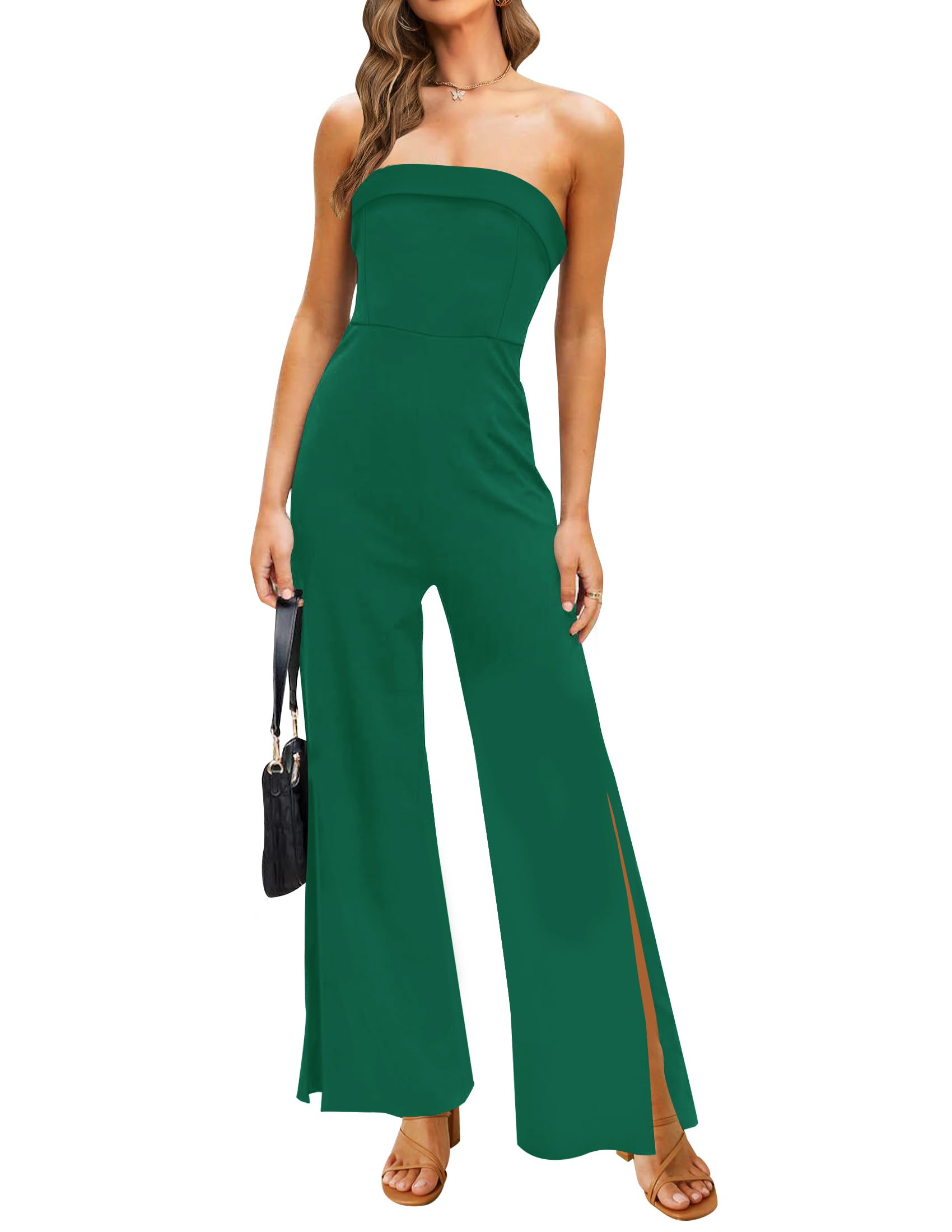 Photo 1 of **STOCK PHOTO FOR REFERENCE- RED**

ZESICA Women's Strapless Jumpsuit Casual Off Shoulder High Waist Wide Leg Side Slit Long Romper Playsuits with Pockets,Red,Large