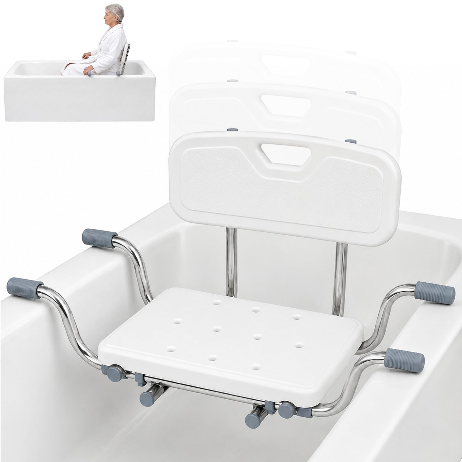 Sedile per vasca da bagno, schienale regolabile in altezza (28-35 cm), antiscivolo, portata 136 kg, larghezza 76-86 cm
