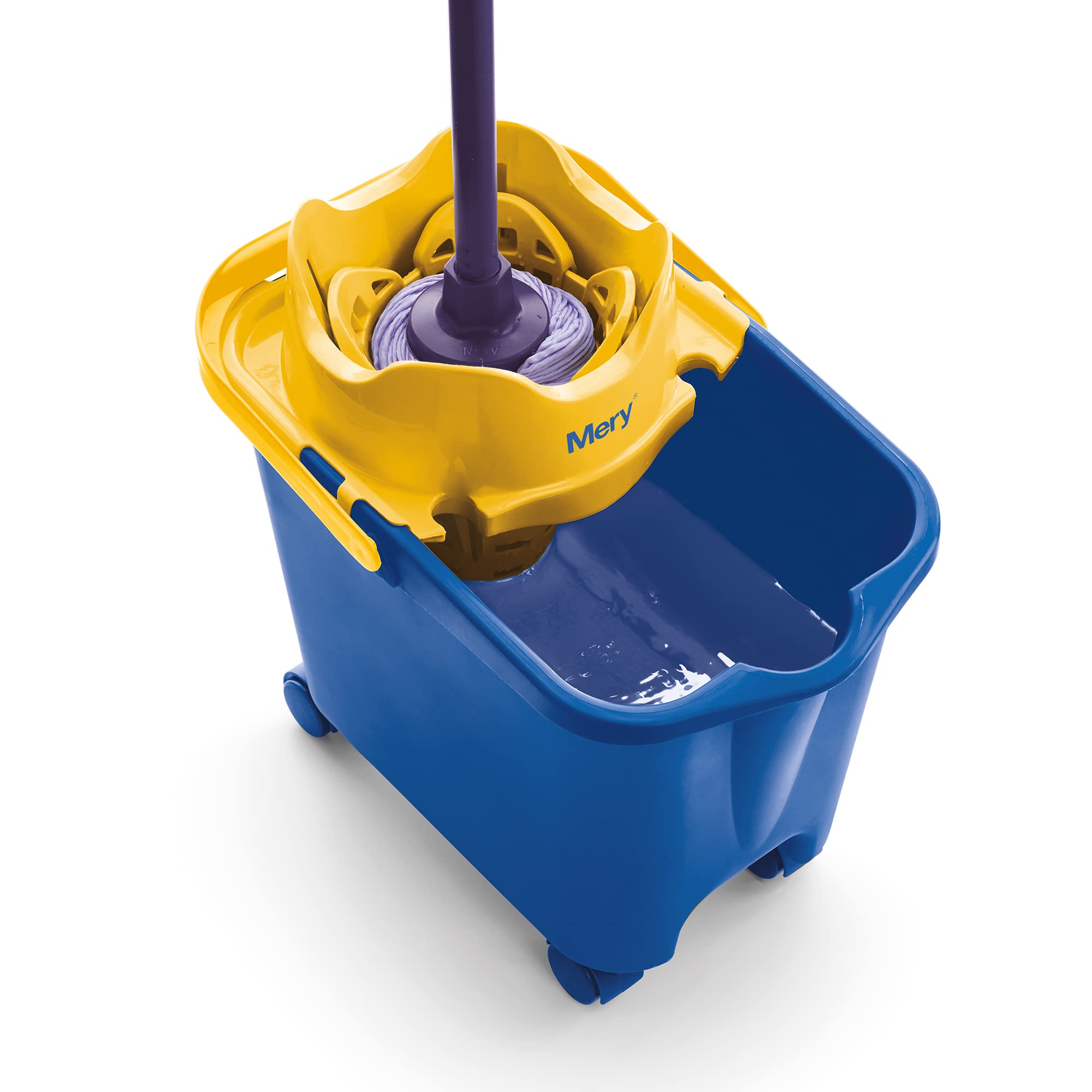 Mery |Cubo para Fregona solidario en colaboración con ACNUR | Escurre sin esfuerzo | Cubo Escurridor Automático | Capacidad 14 Litros | Con ruedas | Azul y amarillo, 38.20 x 25.5 x 39 cm