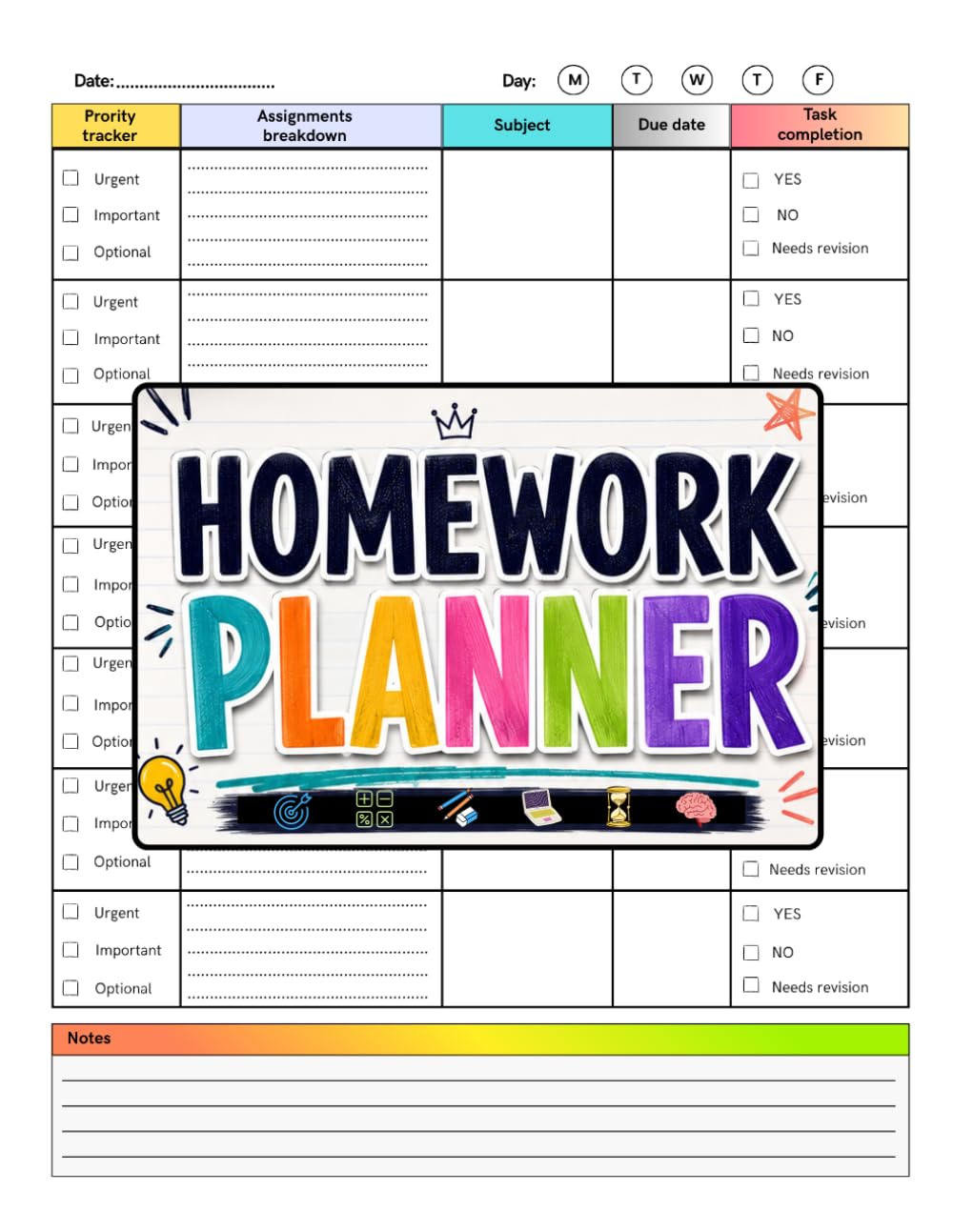 Colourful Homework Planner for ADHD Students (Kids & Teens): Simplified & Undated Assignment Tracker Notebook to Improve Academic Success