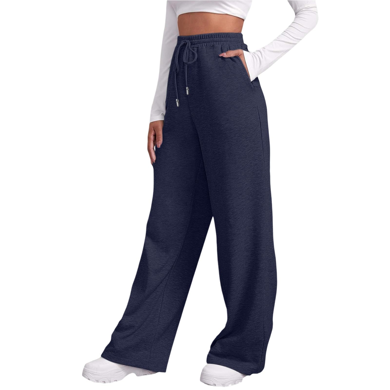 Pantalones de chándal para mujer, pantalones de ocio con bolsillos, ligeros, pantalones de tela con cordón, cintura elástica, pantalones de chándal elásticos, pierna recta, pantalones de salón