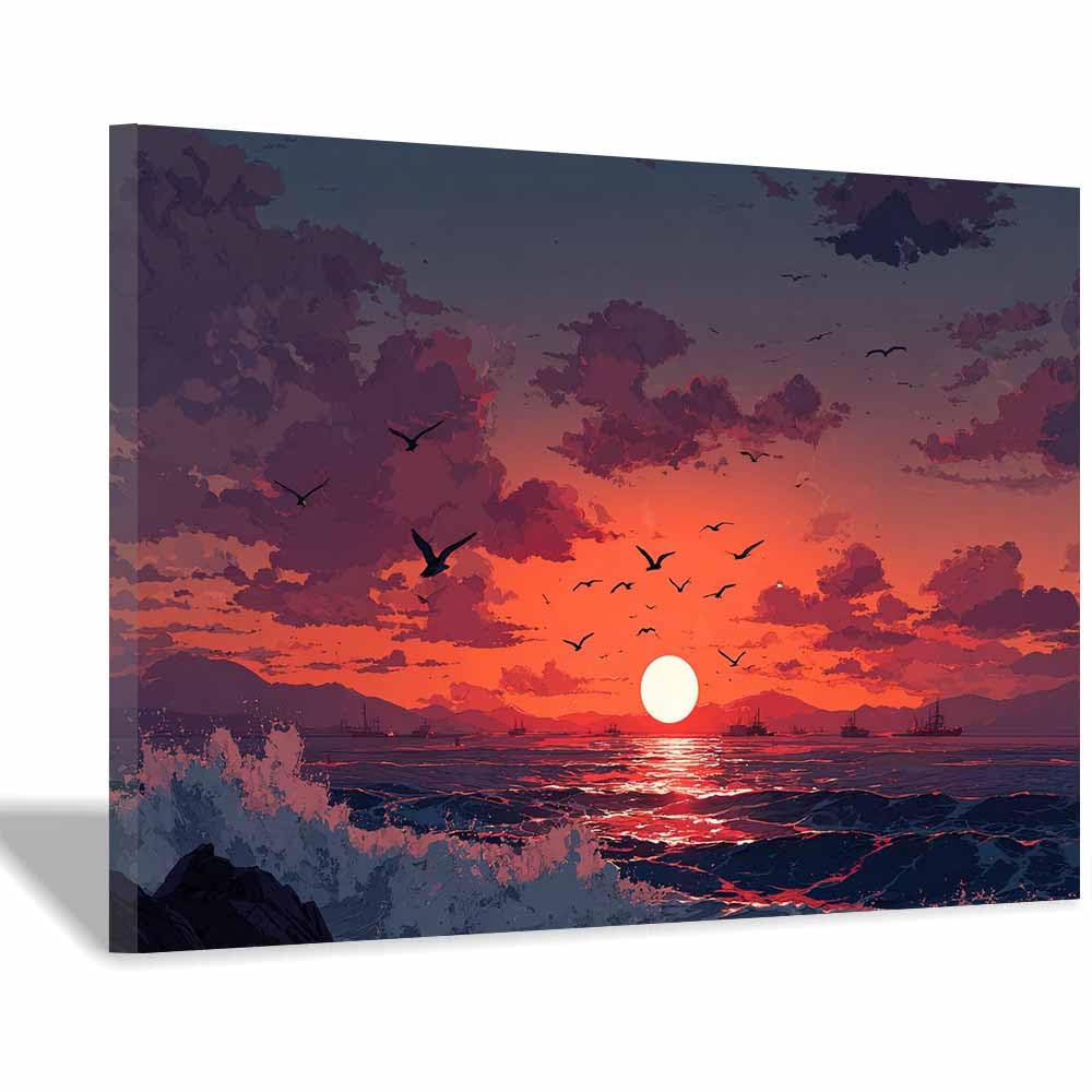 DMZPKZB Landscape Wall Art Red Sea Sunset Viewss Landscape Picture Artwork Prints,Vintage Poster Decor,For Living Room,Bedroom,kitchen,Office,Corridor(Multicolor)-70x100cm Framed