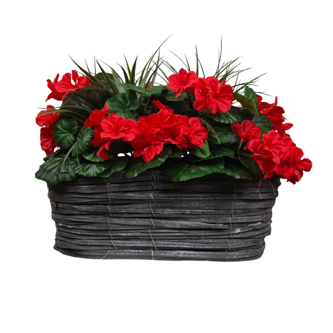 Greenbrokers Red Artificial Geranium Flowers & Lemon Grass In Rounded 40Cm Rectangle Grey Wash Willow Basket - Faux Silk - Uv Protected