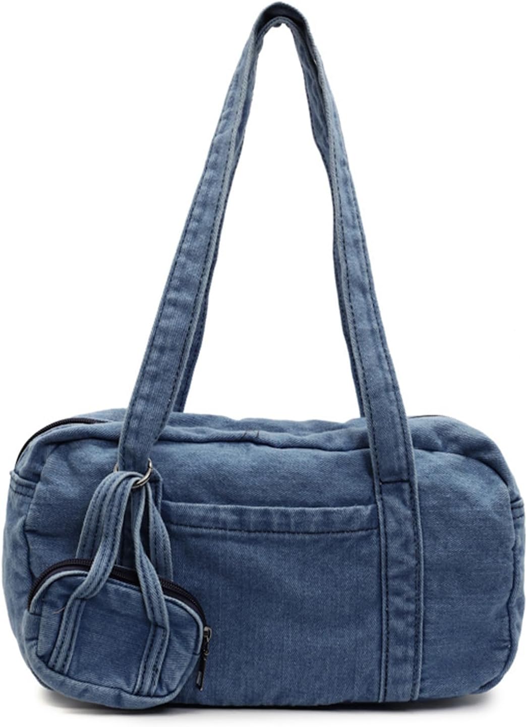 Denim Tote Bag for Women, Multi Pocket Shoulder Bag with Headphone Pouch, Handbag for Work, Travel, Shopping
