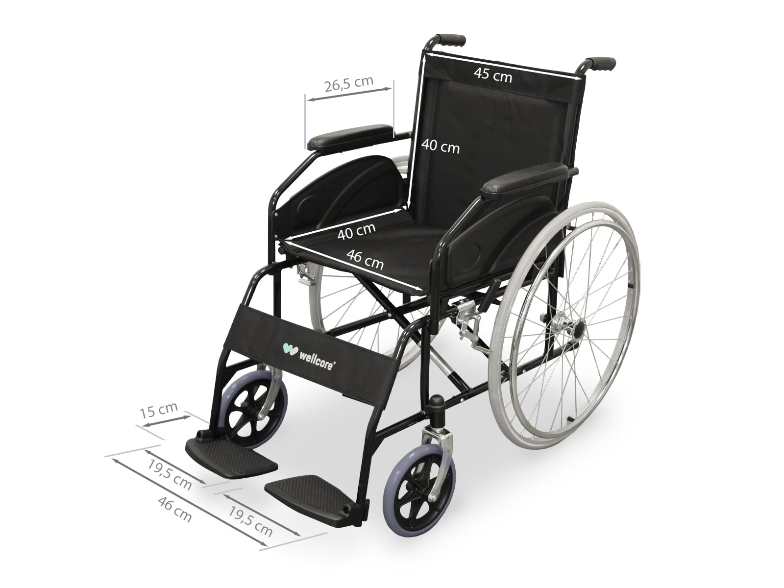WELLCORE Silla de ruedas plegable para traslado, Estructura de acero, Ligera y Compacta, Ruedas macizas, Frenos de maneta, Respaldo abatible, Ancho asiento 46 cm, Hasta 100 kg