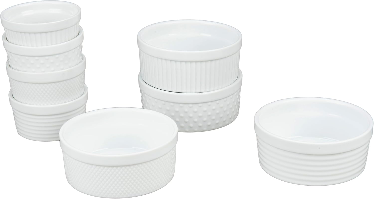 BIA Cordon Bleu Everyday Porcelain Textured Ramekins, Set of 8, Assorted, 4-6 oz, 4-14 oz., White