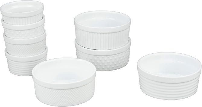 BIA Cordon Bleu Everyday Porcelain Textured Ramekins, Set of 8, Assorted, 4-6 oz, 4-14 oz., White