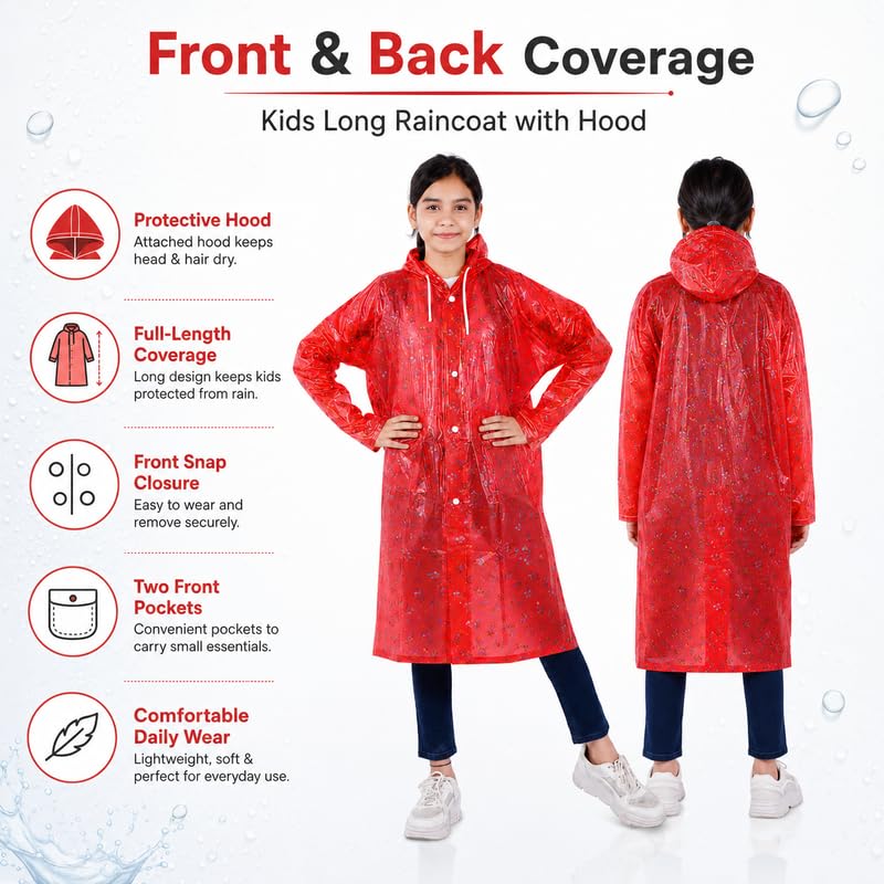 Image of Aristocrat Kids Humpty Dumpty Waterproof Raincoat with Hood | Knee Length Rainwear for Boys & Girls | Regular Fit Rain Jacket with Two Front Pockets | All-Weather Protection Rainwear