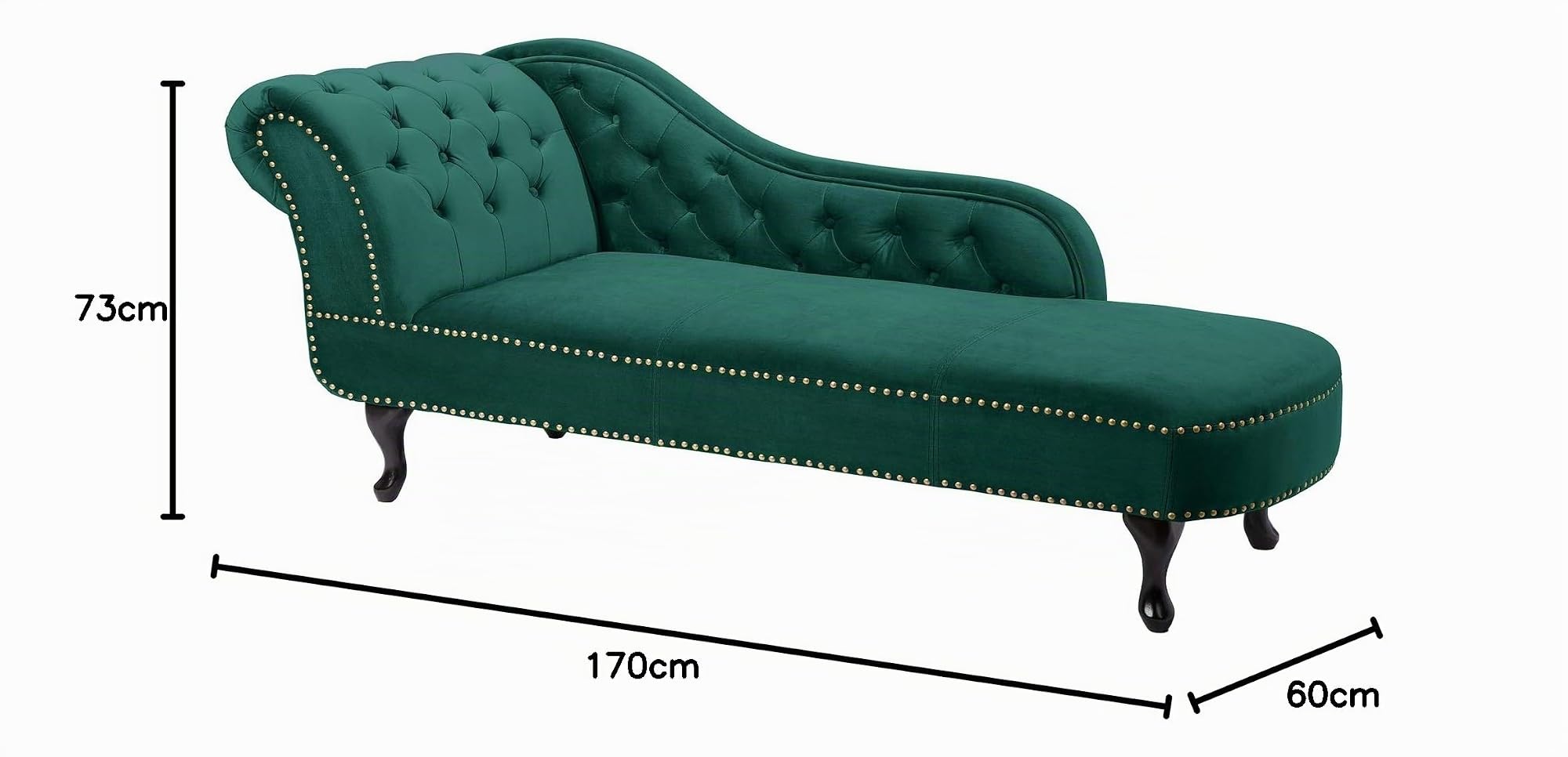 Recamiere CHESTERFIELD - 170cm - smaragdgrün - Samt Knopfheftung Design | Armlehne, Rundumbezug, Nietenbesatz, Nosagfederung, Wellenfederung, hoher Komfort, angenehme Haptik, Eyecatcher
