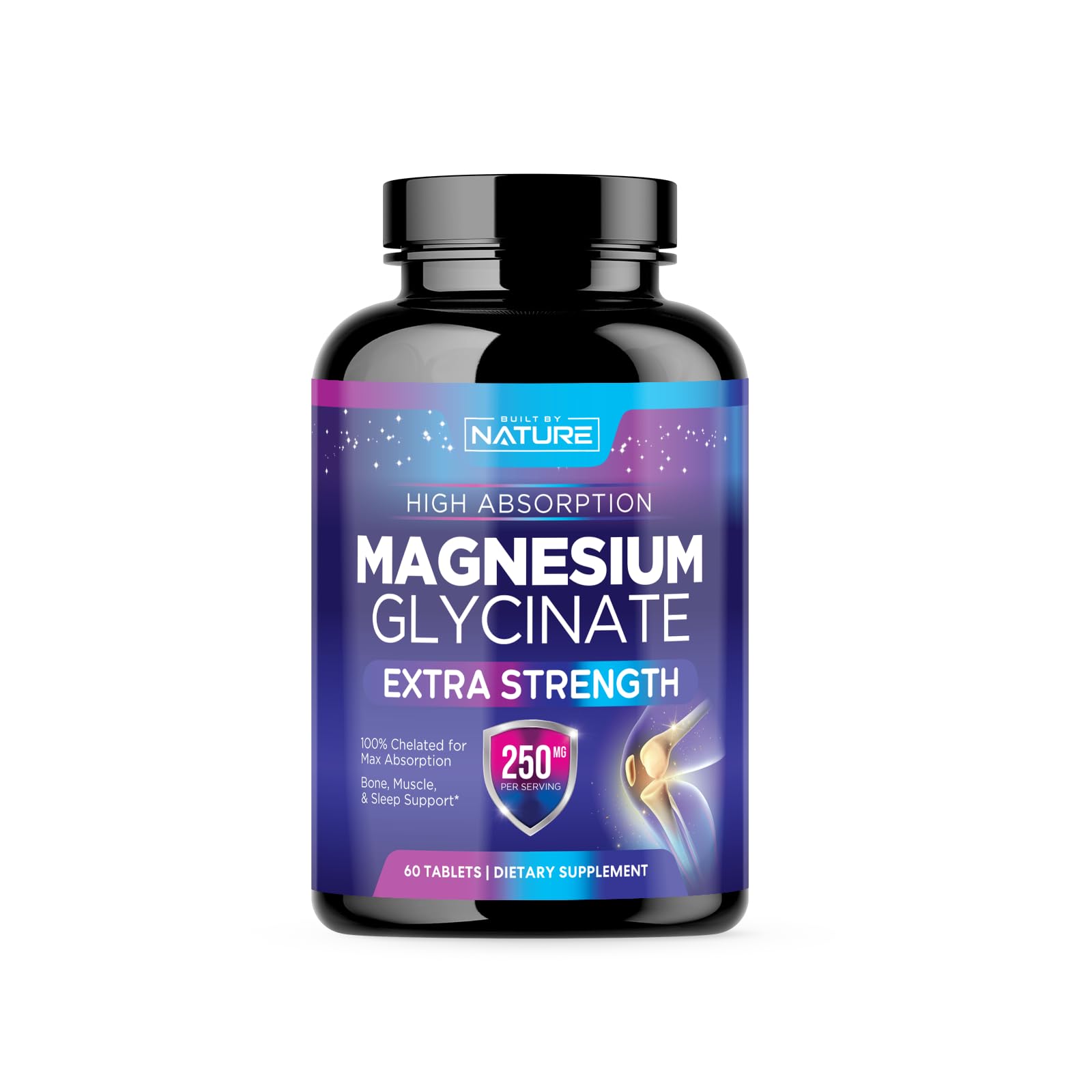 Magnesium Glycinate 250mg - High Absorption Chelated Magnesium Supplement - 100% Pure Magnesium Glycinate - Stress, Sleep, Heart, and Muscle Health Support - Non-GMO, Vegan, Gluten-Free (60 Tablets) 60 Count (Pack of 1)