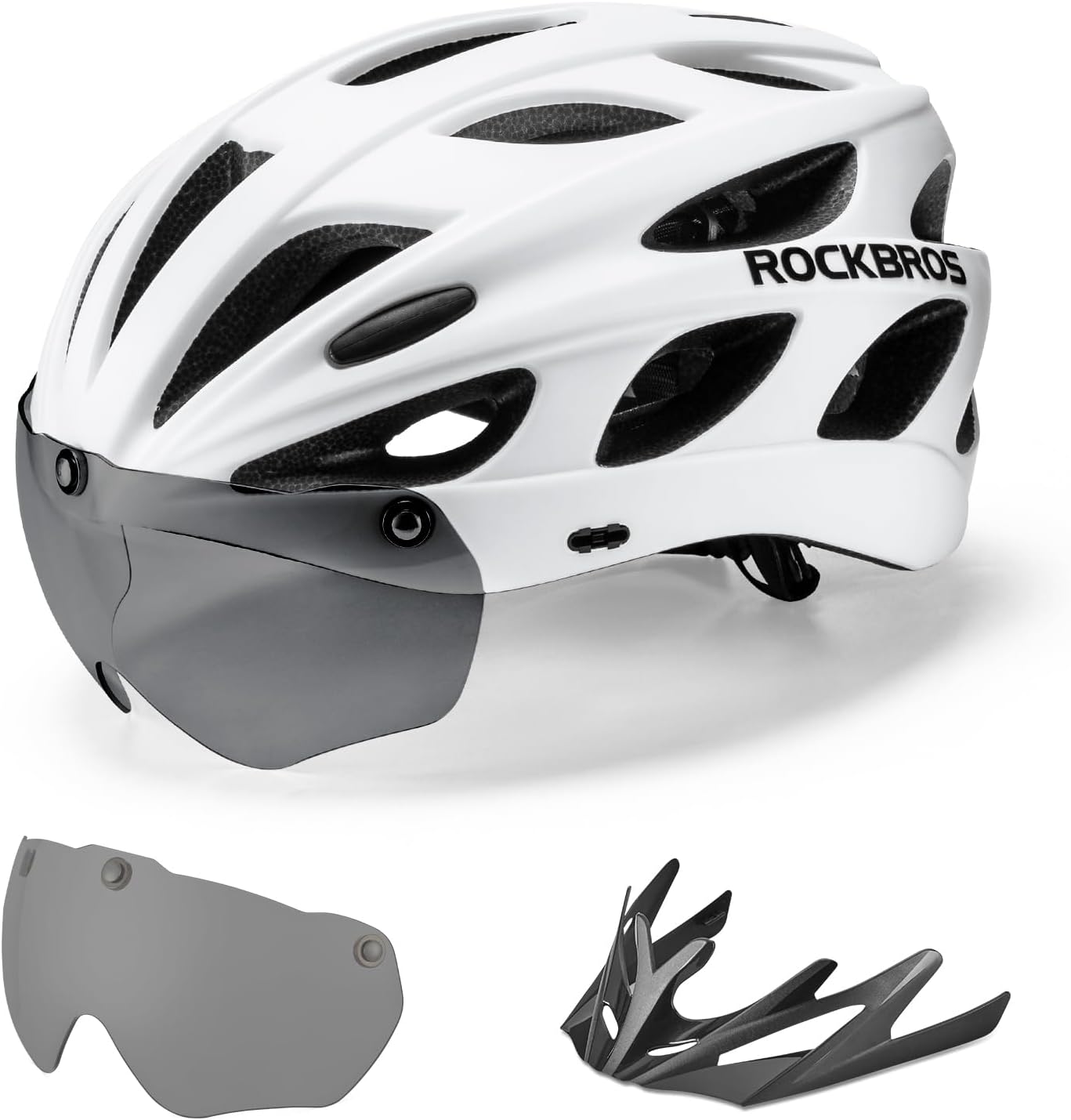 ROCKBROS Bike Helmet for Adult Men Women with Suggested Fit 58-65cm, Detachable Magnetic Goggles & Sun Visor, Lightweight with Adjustable Side and Chin Strap, Suitable for Myopia Glasses