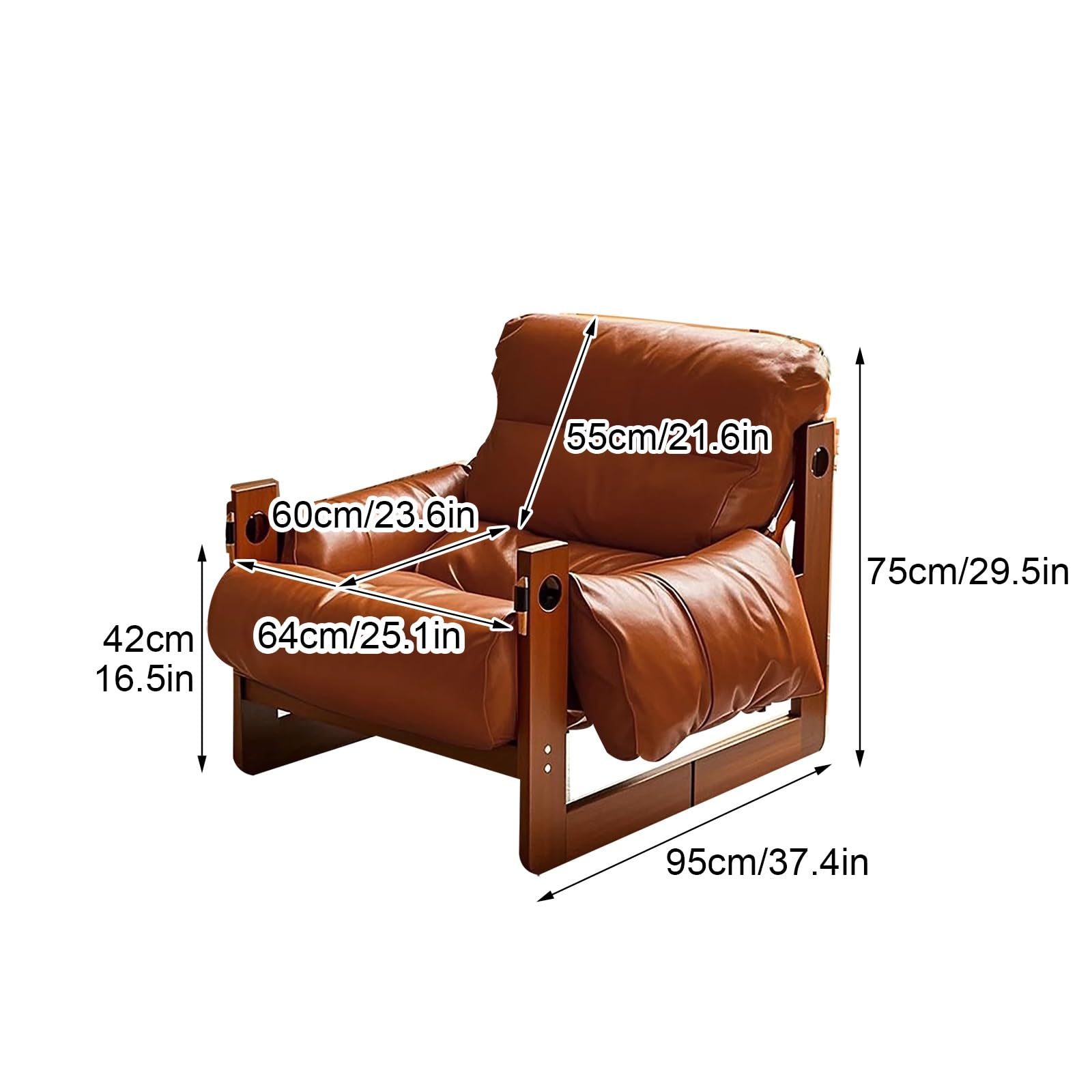 Fotel Relax Vintage, Retro Lounge Krzesło z Ramą z Drewna Gumowego i Skórą Olejowo-Woskową, Wygodne Siedzisko do Salonu i Biura(Red)