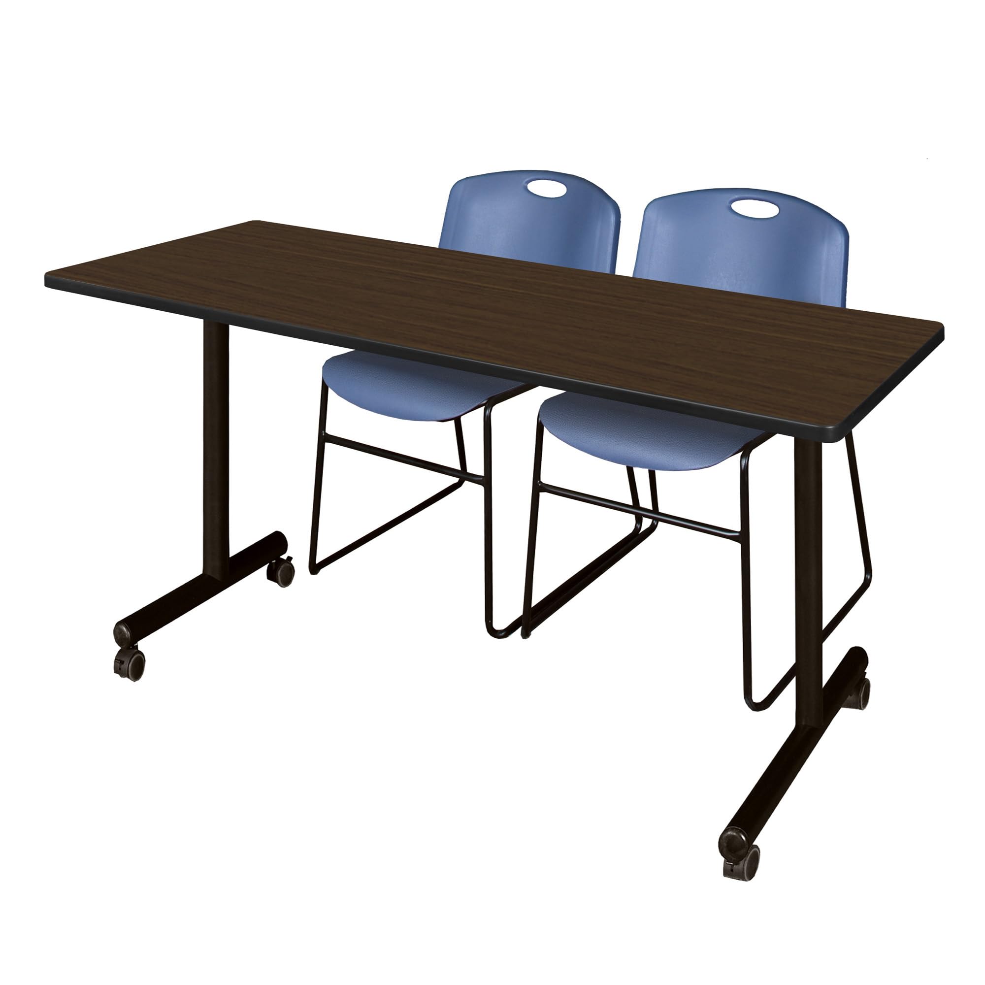 Regency Kobe 66 x 24 in. Mobile T-Base Training Table- Neo Walnut, 2 Zeng Stack Chairs- Blue