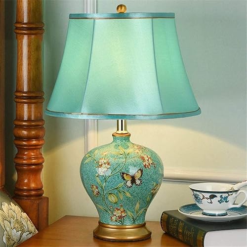 Miniatura 5 de JITEM Lámpara de Mesa Lámpara de mesa grande de cerámica oriental, 20.5 in de alto, E27, lámpara de mesita de noche, pantalla de tela, interruptor