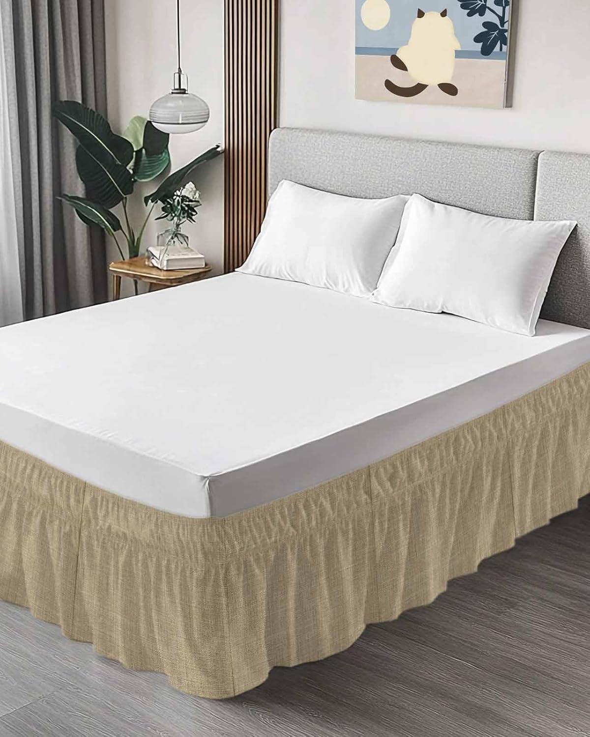 Bed Skirt Brown Linen Texture Bedskirt 16 Inch Drop Farmhouse Solid Color Adjustable Elastic Wrap Around Bed Skirts Dust Ruffle for Queen Size Bed Frame Cover