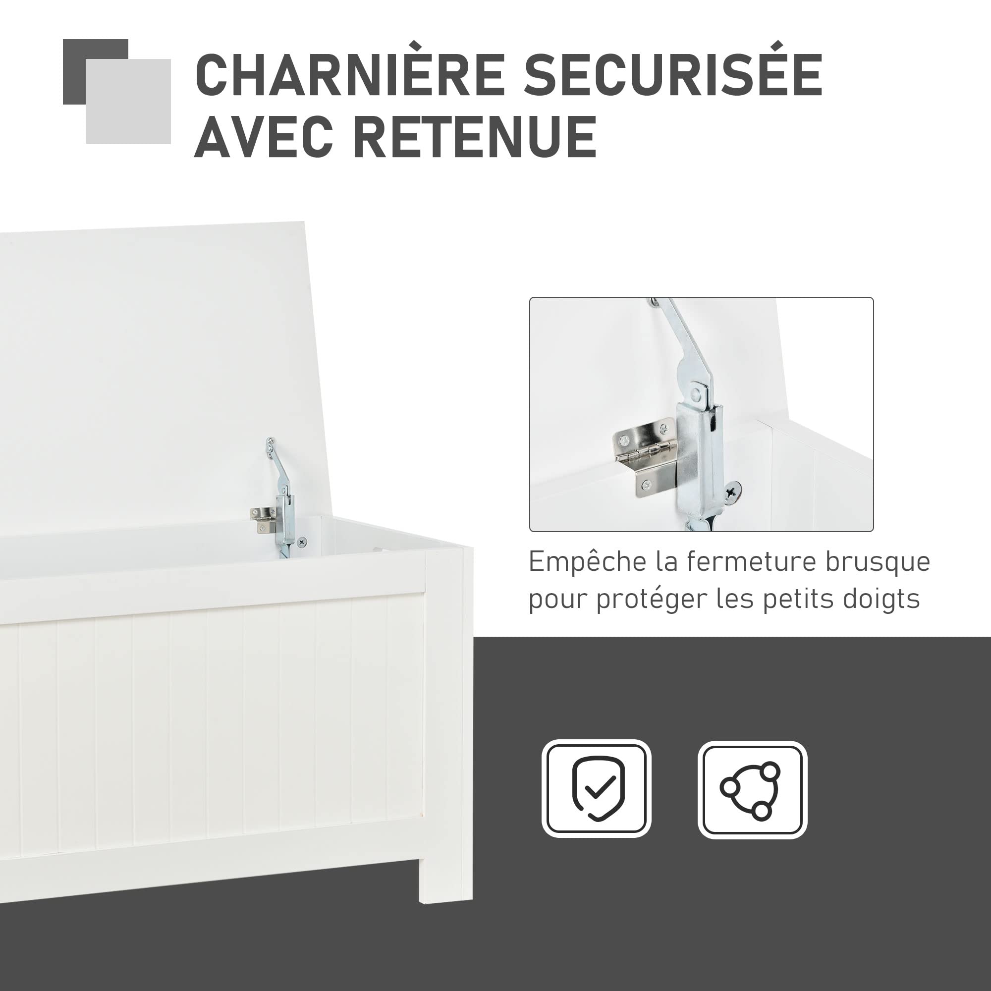 HOMCOM Coffre de Rangement Charnières de Sécurité 81L x 40l x 46H cm Blanc | Boîte de Rangement en Bois, Coffre à Jouets Intérieur, Couvercle Rabattable