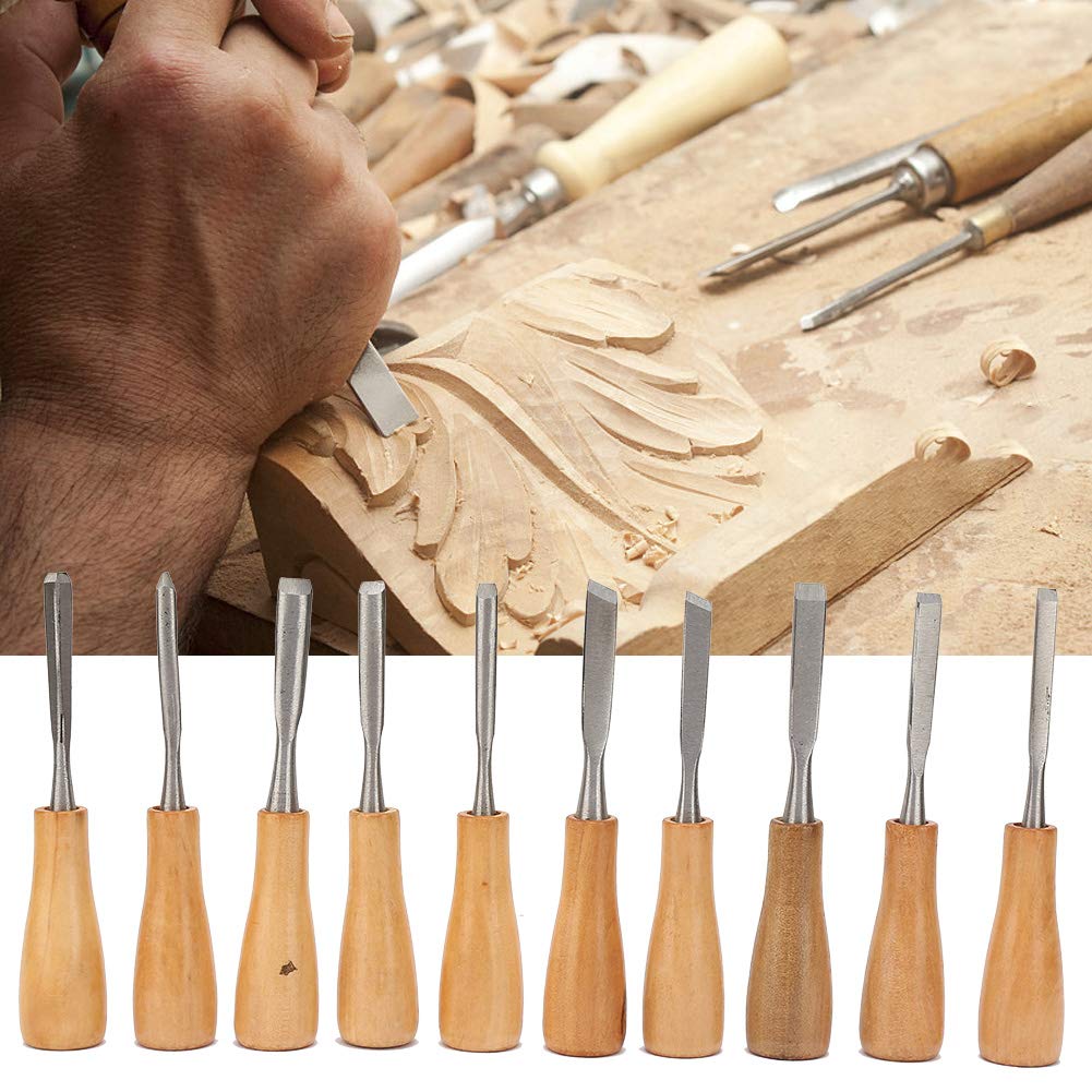 Set di Scalpelli Per Intaglio del Legno, 10 Pezzi Kit di Scalpelli Per Coltelli da Intaglio con Manico in Legno Ad Alta Durezza con Custodia in Legno, Utensile Manuale Per La Lavorazione del