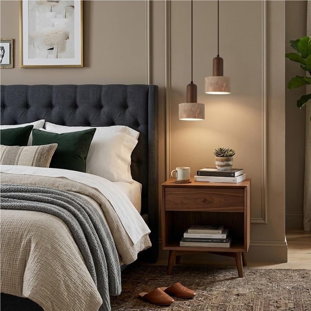 Pendelleuchte Travertin 2 Flammig Japanischer Stil, Hängelampe Verstellbar Kronleuchter Vintage Bauernhaus für Schlafzimmer Wohnzimmer Bett(Cylinder,3000K)