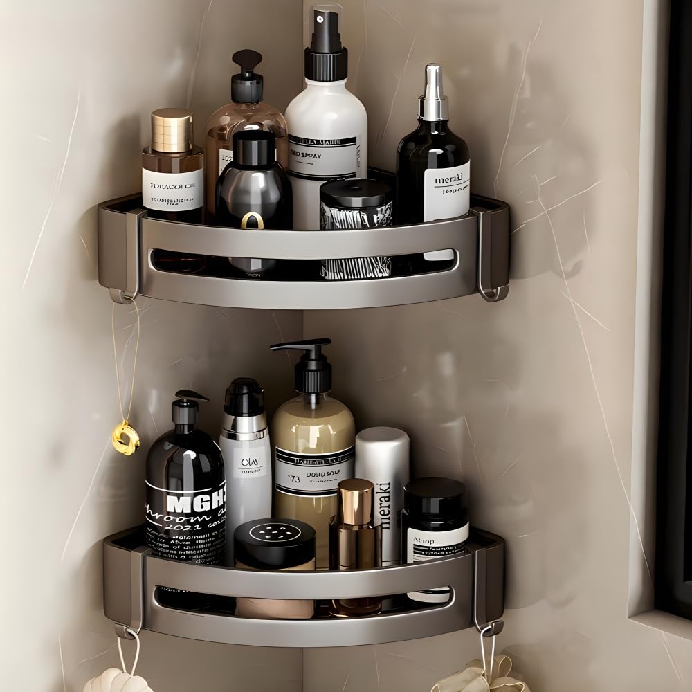 2 Pack Corner Shower Caddy with Hooks No Drilling Aluminium Shower Organizer for Bathroom Kitchen Secure with Nail-free