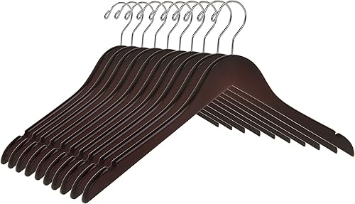 Miniatura 1 de Perchas de madera semicurvadas de calidad, paquete de 10 perchas de madera maciza con acabado liso con gancho giratorio, chaqueta, pantalón, perchas