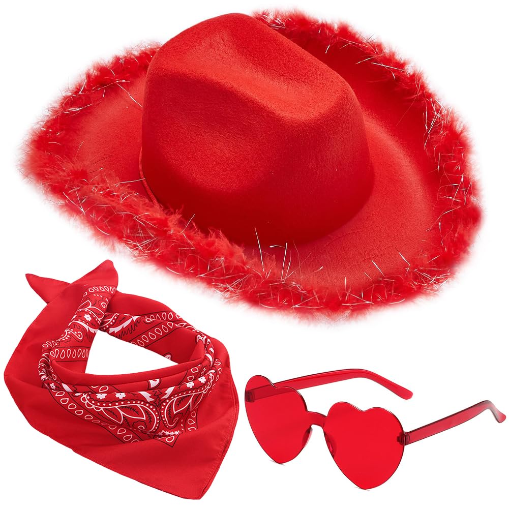 VorPrillynt Cowgirl Hat Cowboy Hats for Women Fluffy Feather Brim Cowboy Hat Heart-Shaped Sunglasses, Bandana for Holiday,Costume Party,Play Dress Up,Halloween Cosplay 6