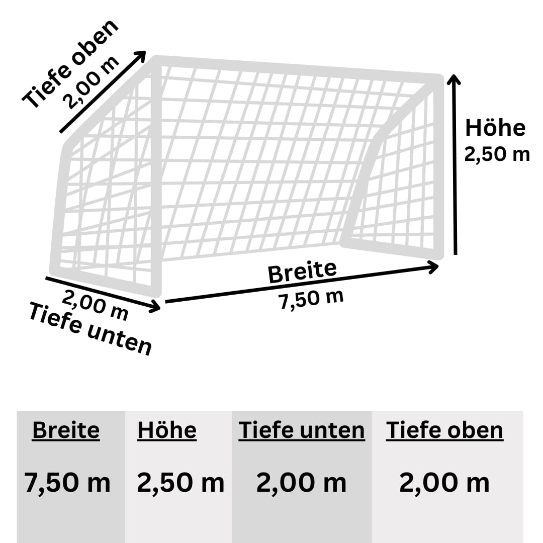 Fußball Tornetz Fußballtornetz Fußballnetz 7,50 x 2,50 m Tiefe Oben 2,00 / unten 2,00 m Fußballnetz PP 4 mm Farbe Schwarz/Rot