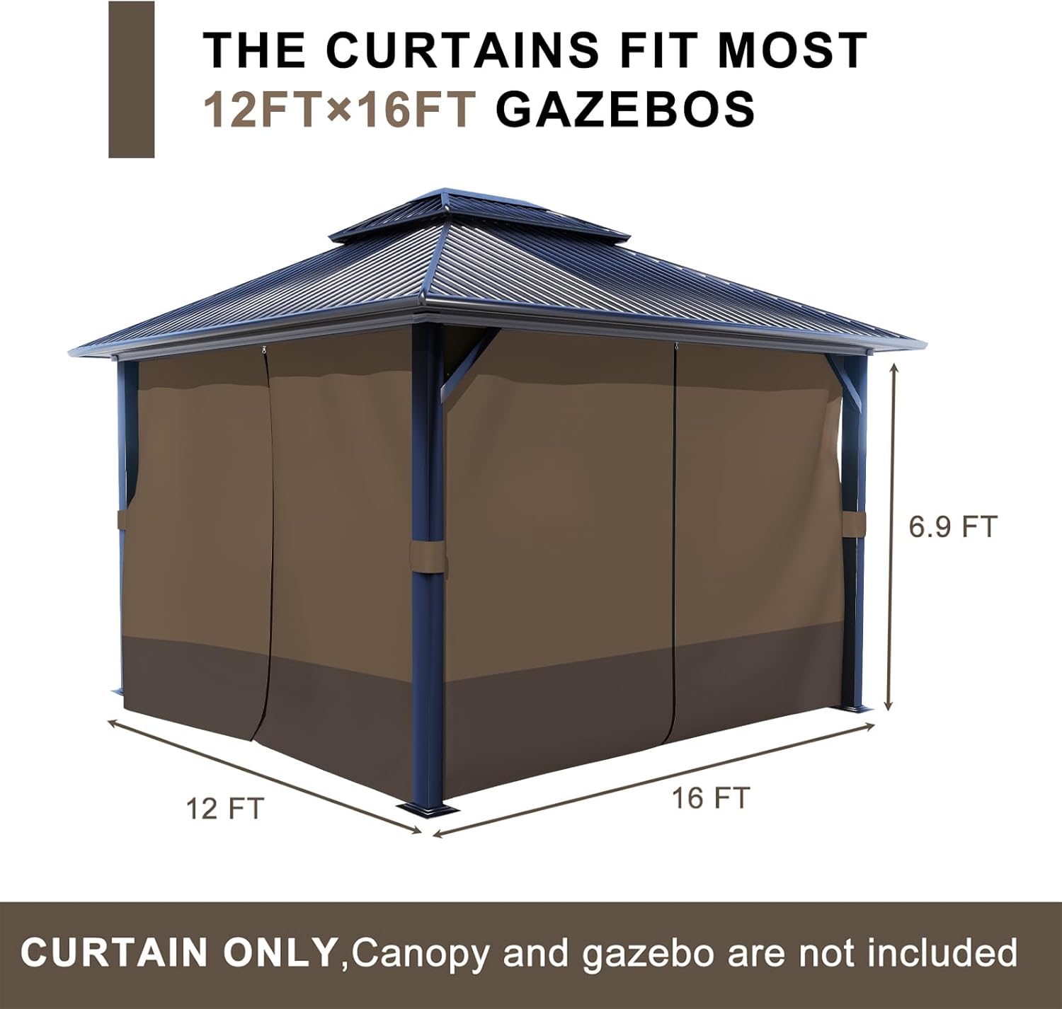 BPS 12' x 16' Gazebo Privacy Curtains with Double Zipper, 4-Panels Side Wall Universal Gazebo Side Panels Replacement for Patio, Outdoor Canopy, Garden and Backyard (Curtain Only)