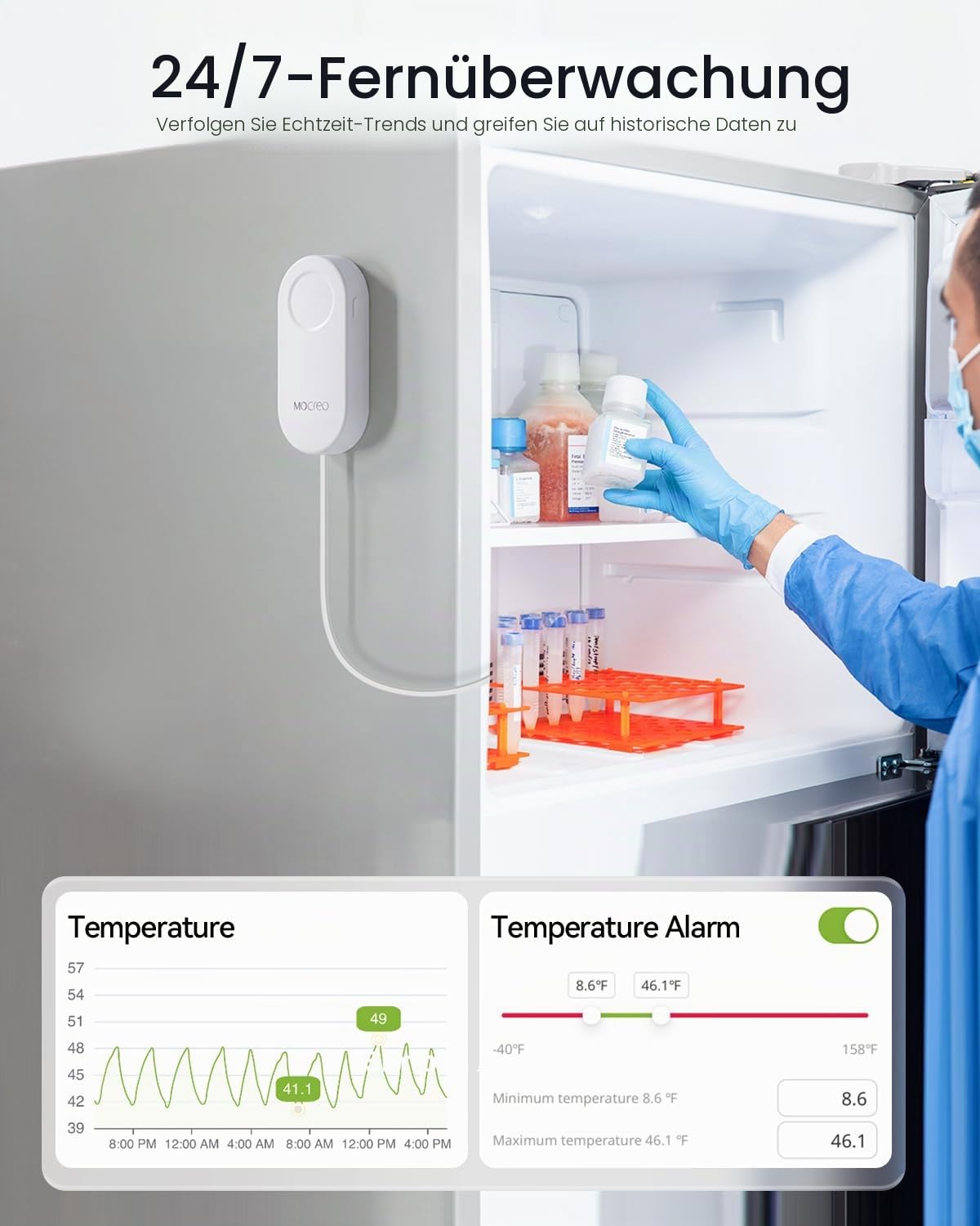 MOCREO WLAN-Thermometer, Gefrierschrank-Alarm, E-Mail-Benachrichtigung, App-Benachrichtigung, Datenaufzeichnungsexport, keine Abonnementgebühr, kabelloser Temperatursensor für Kühlschrank,