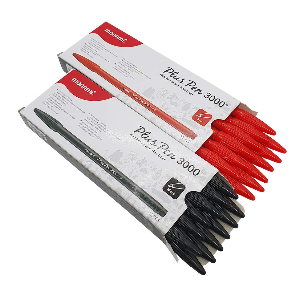 plus pen 3000, Non-permanent fine liner Water Based Ink Color Pen 24pcs (Black 12pcs + Red 12pcs)